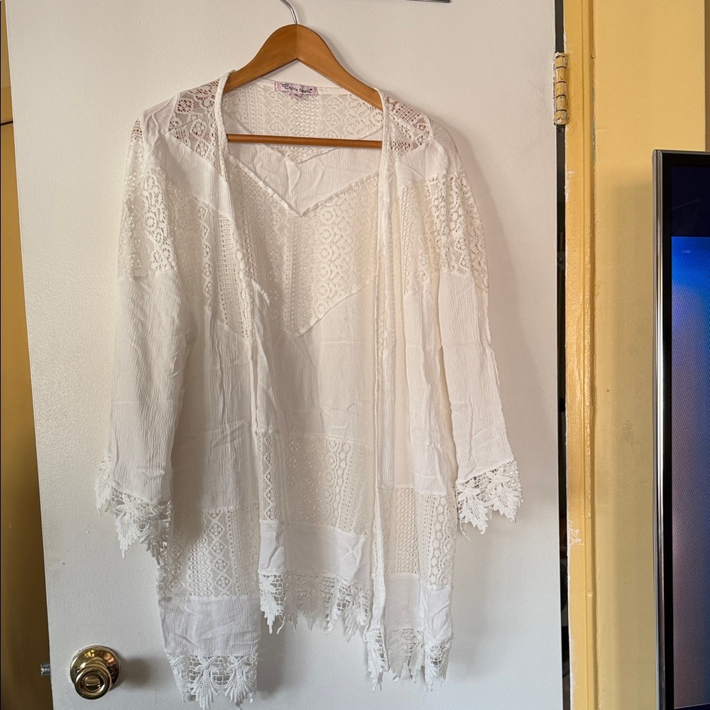 Extra Touch Ivory Lace Open-Front Cardigan